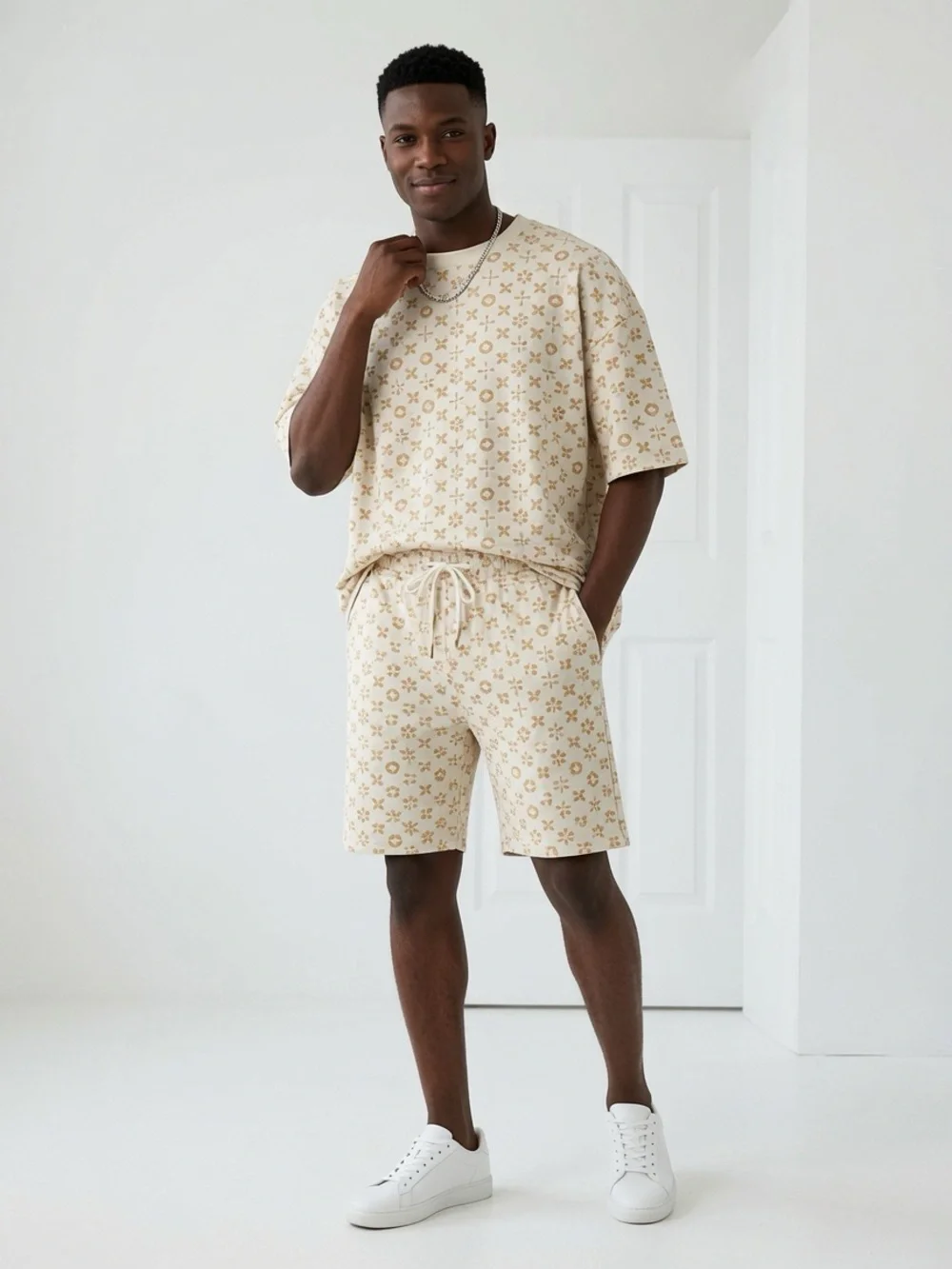 Men's Cream Patterned Short Set with Drawstring Waist